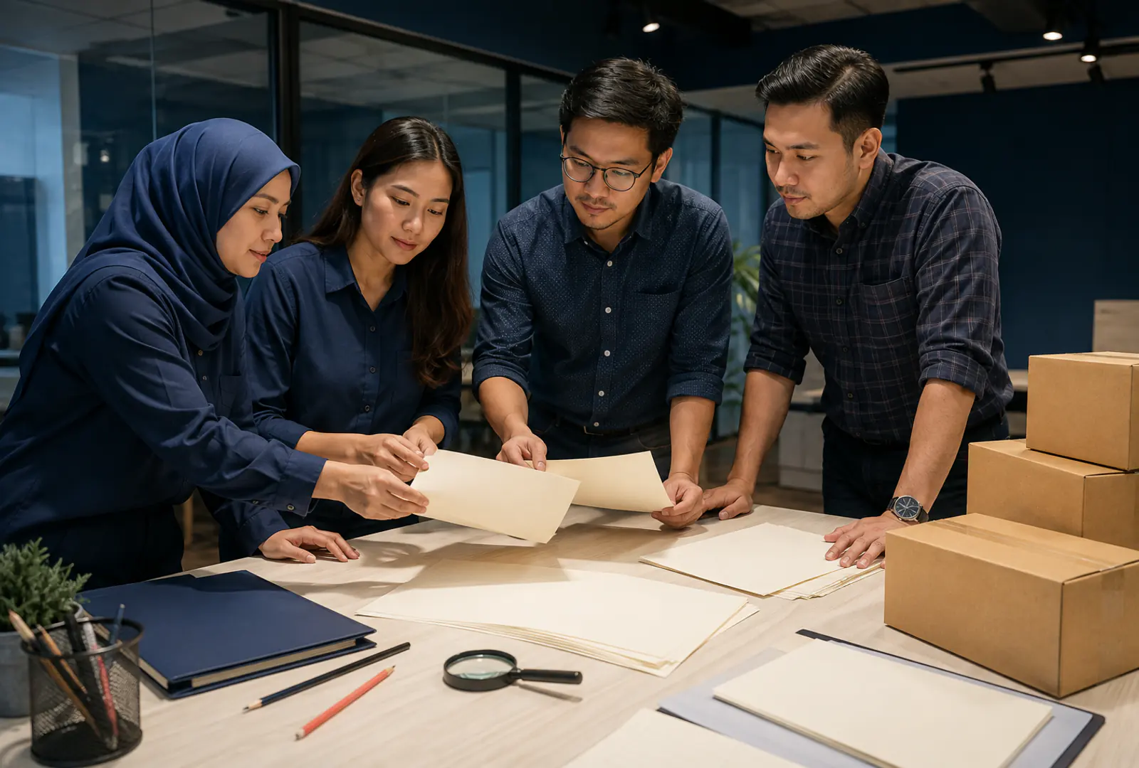 Penyemak membandingkan medan dokumen kosong dengan loupe di pejabat Malaysia